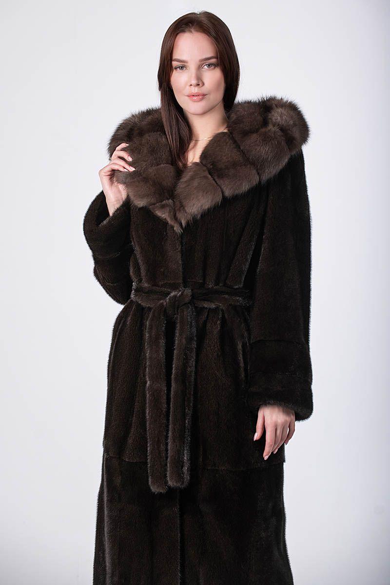 Норковая шуба с капюшоном из соболя фото