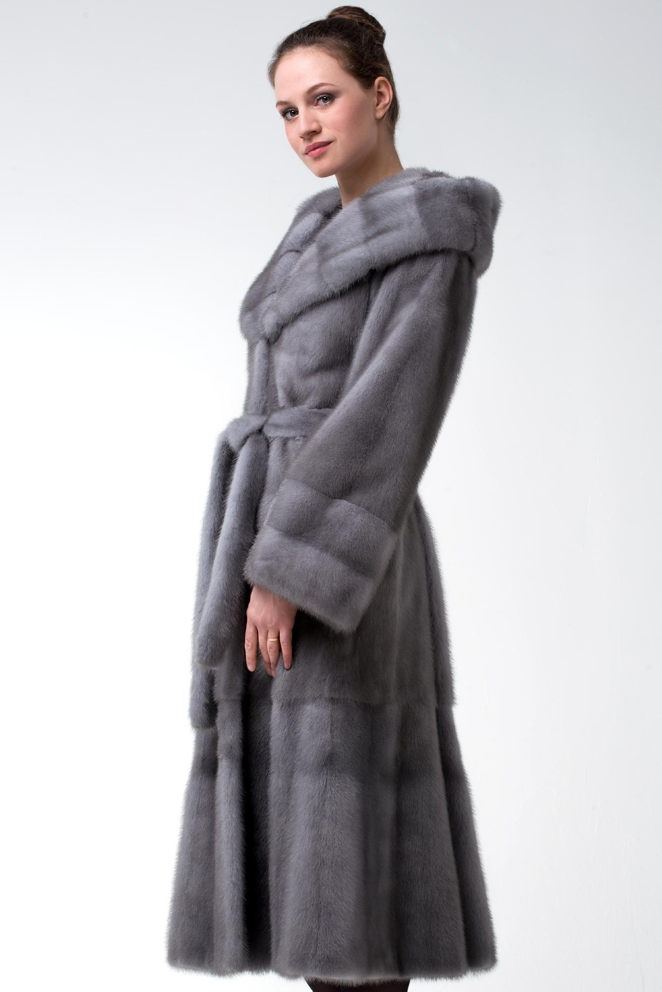 Норковая шуба с капюшоном и поясом фото
