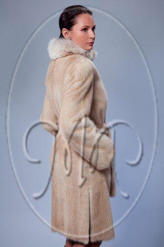 Шуба из норки с воротником  из рыси и поясом фото