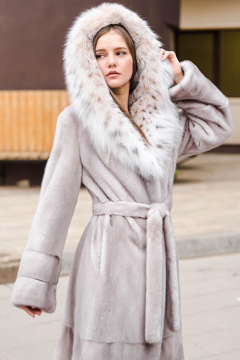 Норковая шуба с капюшоном из рыси фото