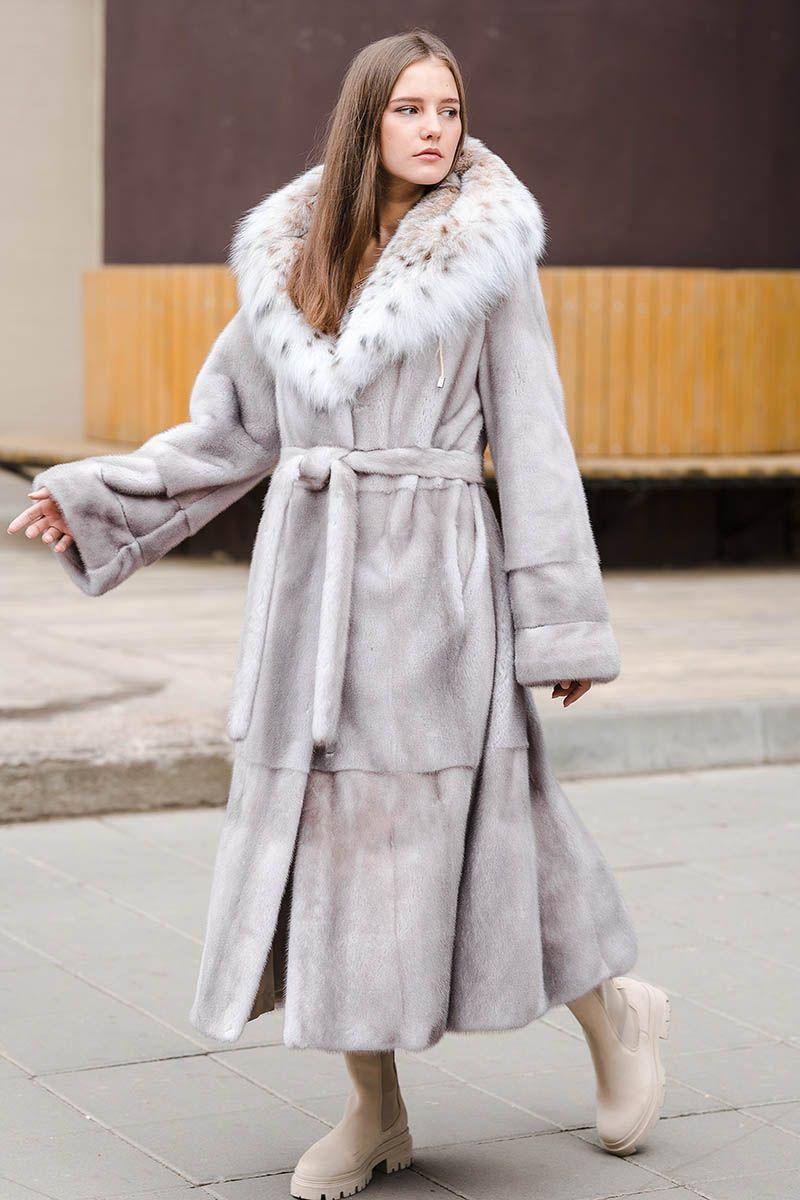 Норковая шуба с капюшоном из рыси фото