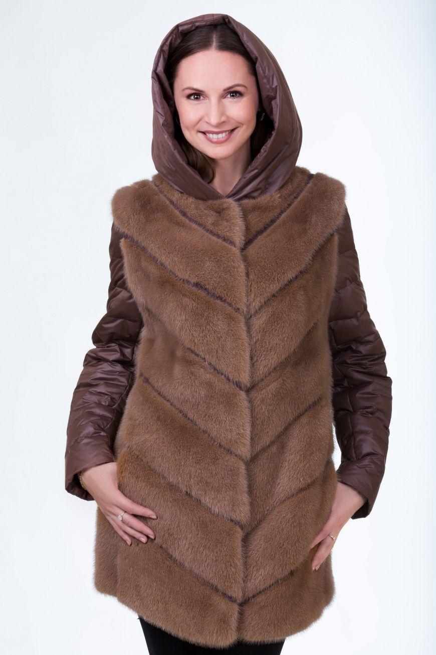 Шуба из норки с тделкой из ткани фото