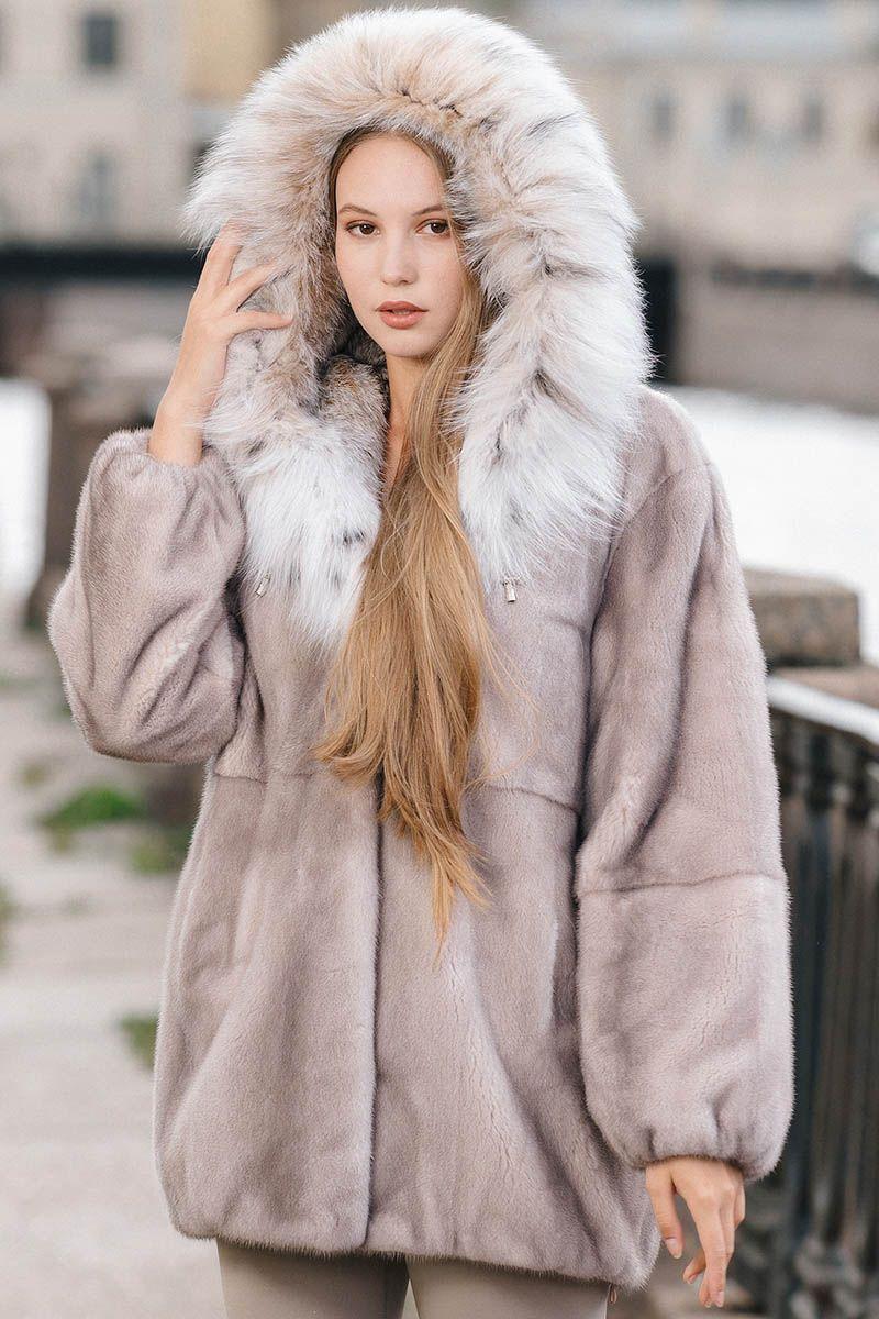 Норковая шуба с капюшоном из рыси фото