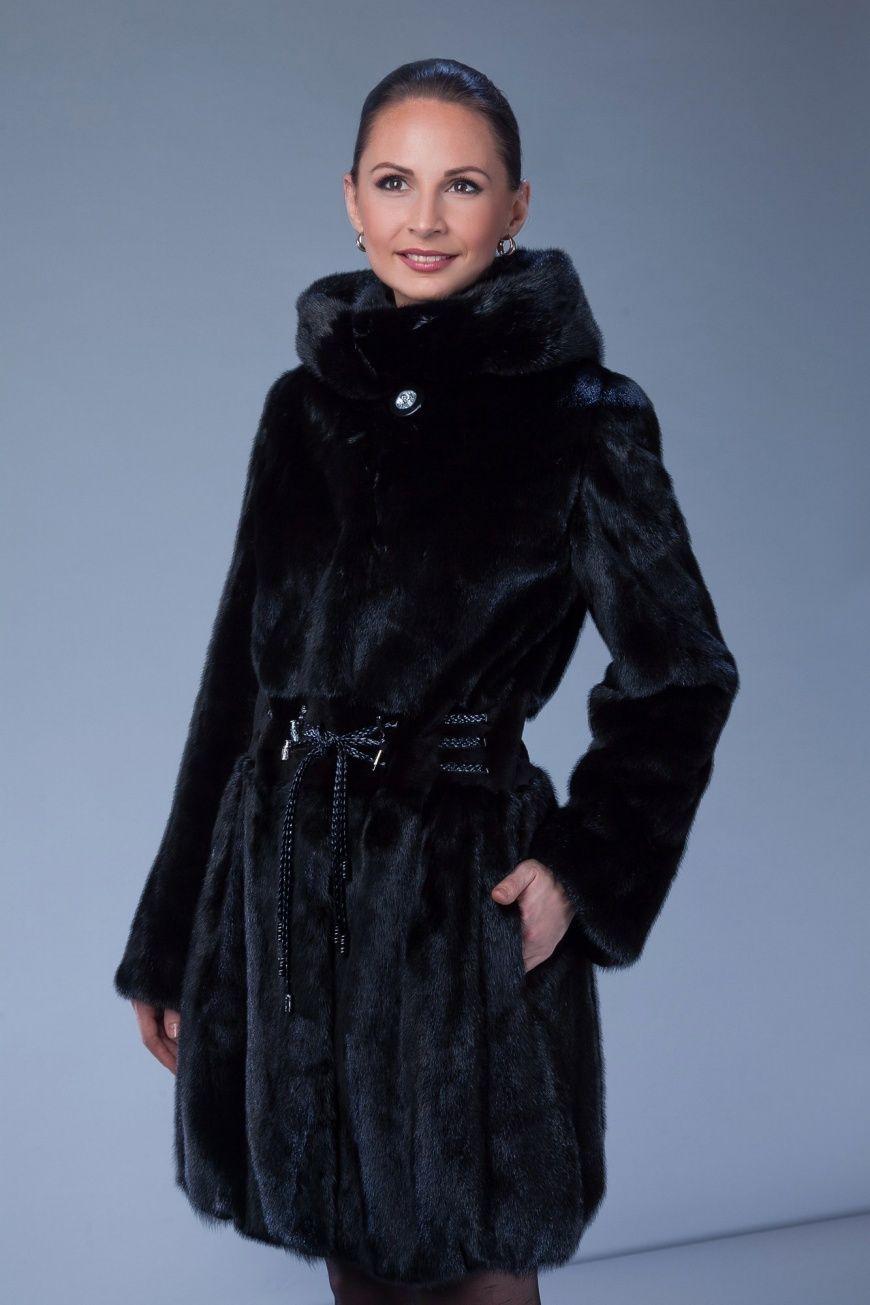 Шуба из норки автоледи c капюшоном и поясом фото