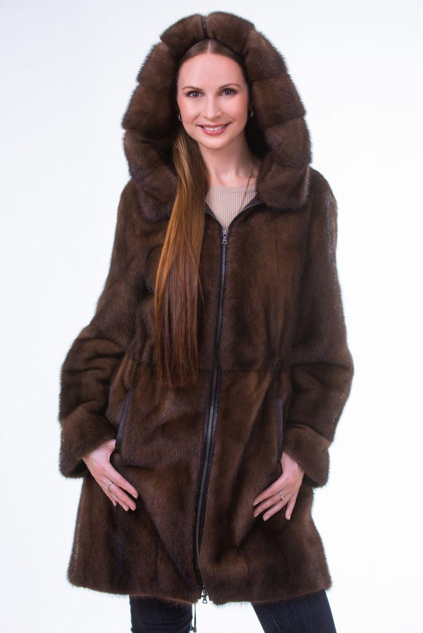 Шуба из норки с капюшоном фото