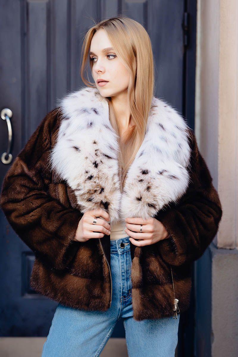 Норковая куртка с воротником из рыси фото