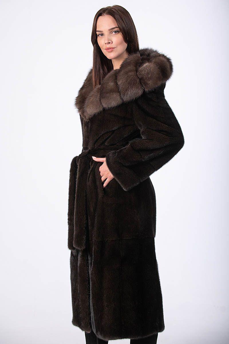 Норковая шуба с капюшоном из соболя фото