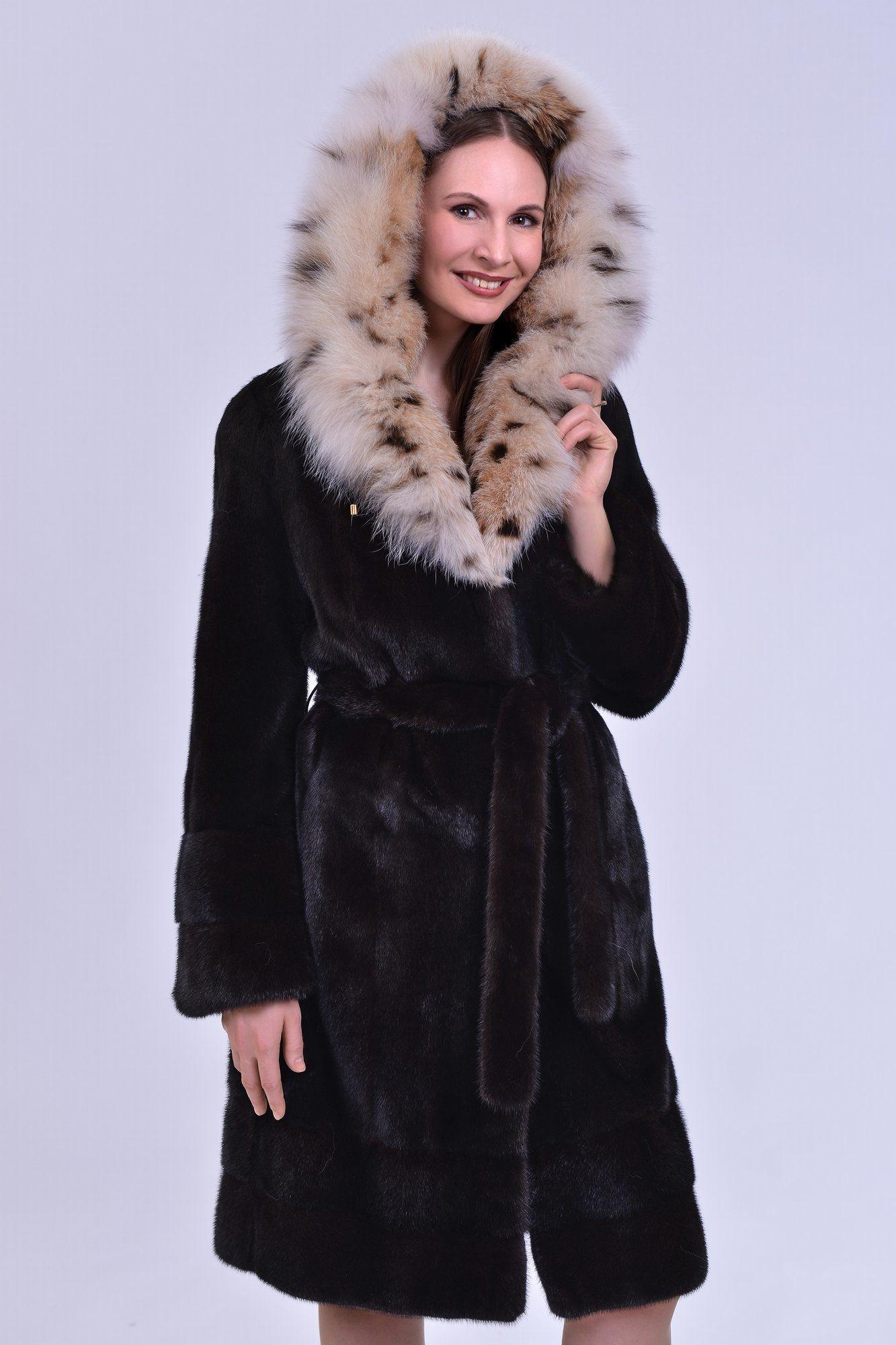 Норковая шуба с капюшоном из рыси фото