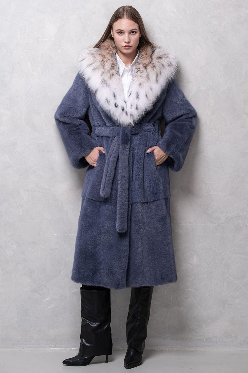 Норковая шуба с капюшоном из рыси фото