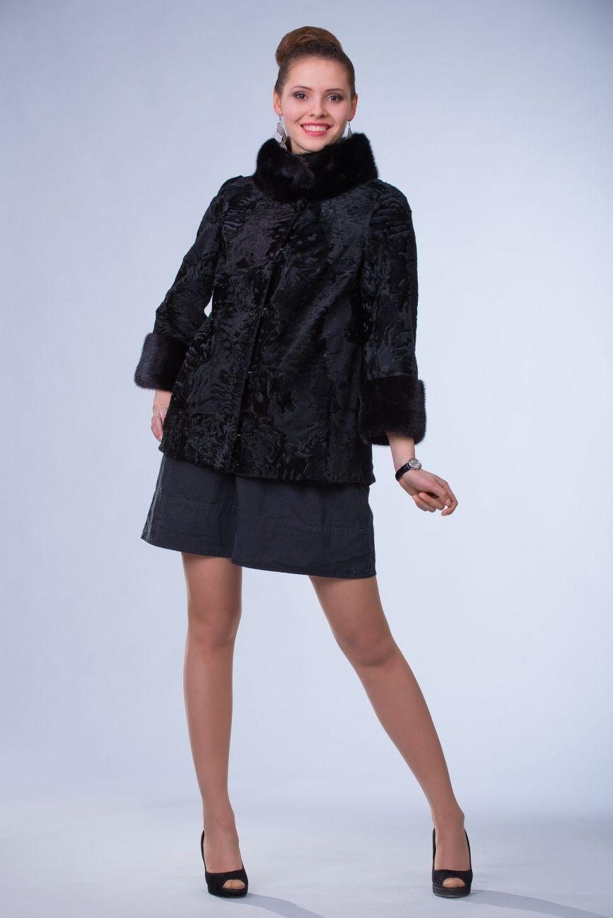 Куртка из каракульчи с отделкой из норки фото
