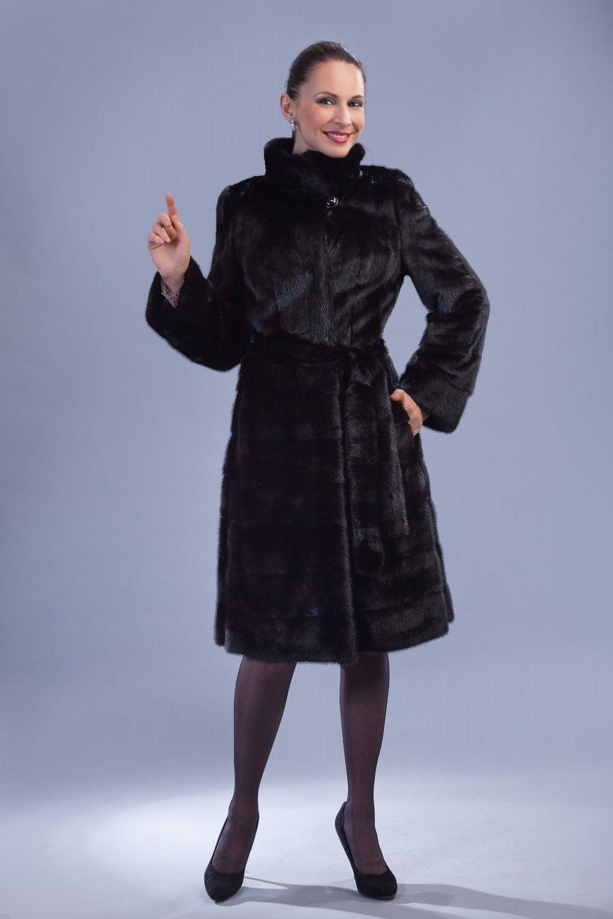 Шуба из норки с воротником стойка и поясом фото
