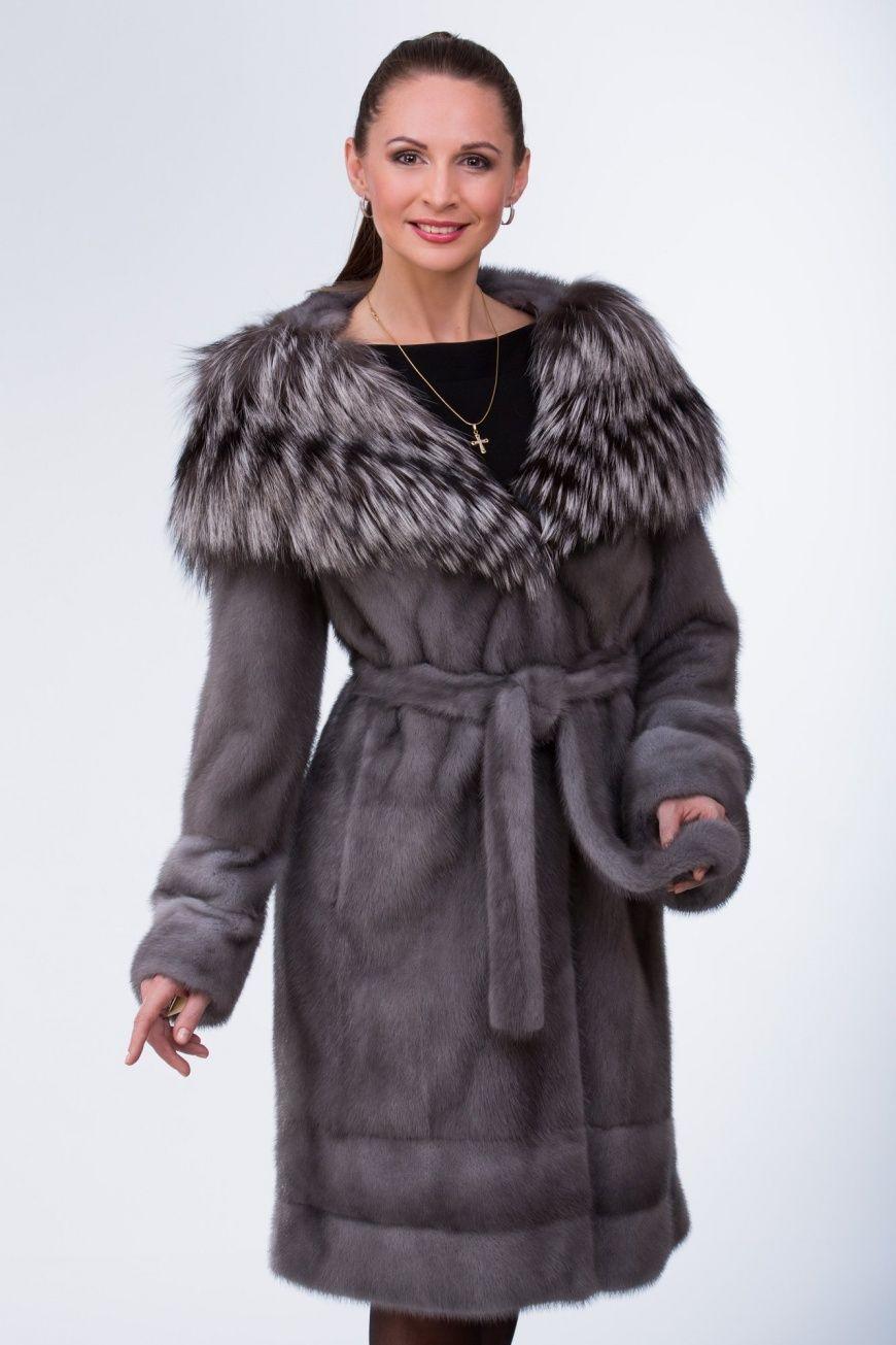 Норковая шуба с капюшоном из чернобурой лисы фото