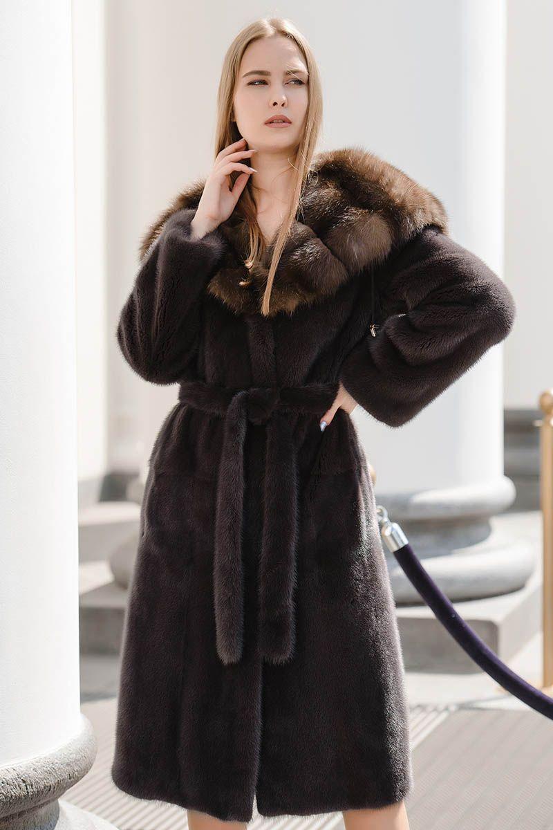 Норковая шуба с капюшоном из соболь фото