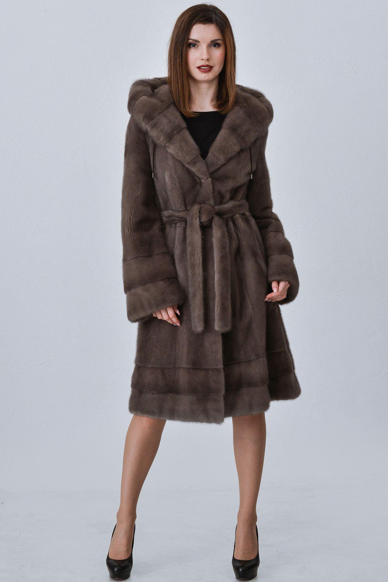 Норковая шуба с капюшоном и поясом фото