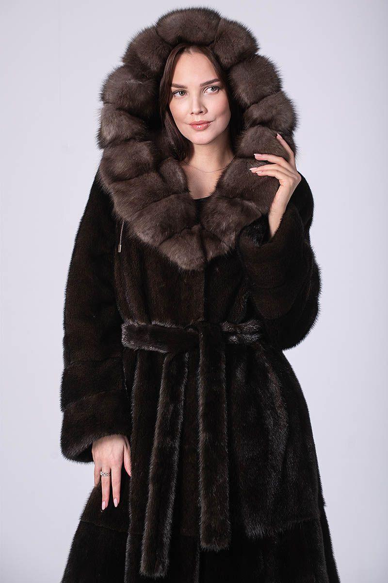 Норковая шуба с капюшоном из соболя фото