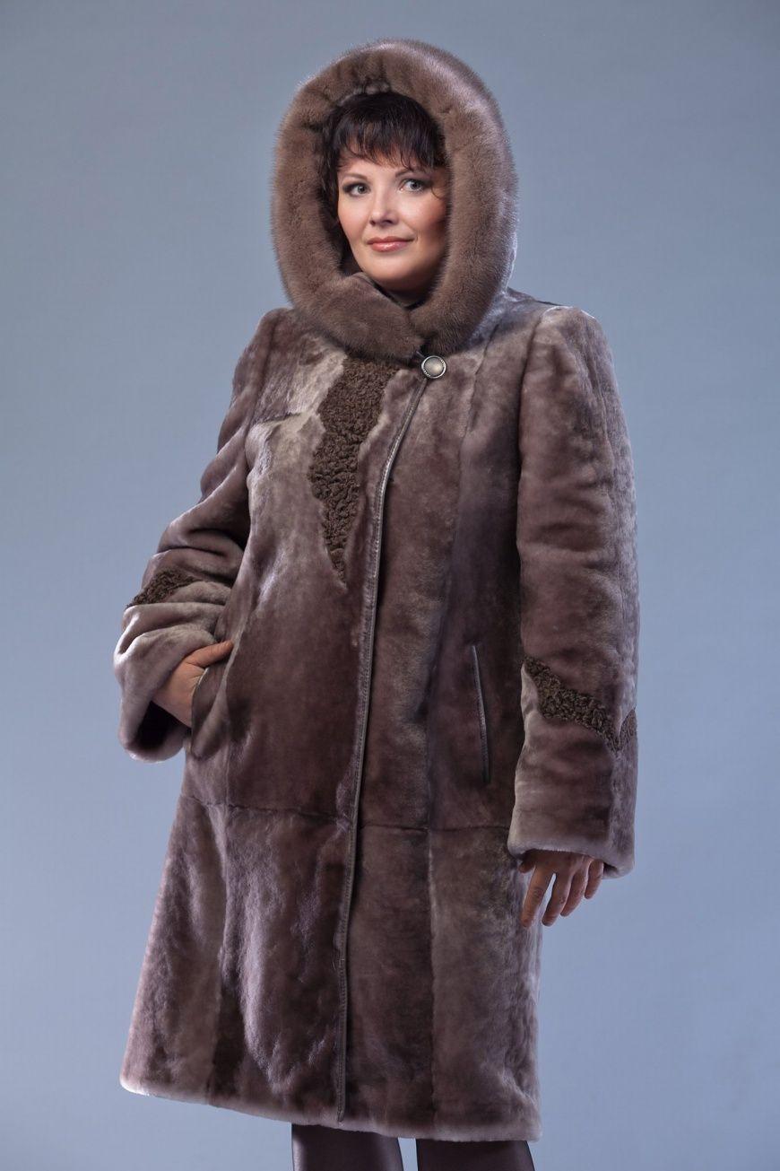 Пальто из овчины с капюшоном из норки фото