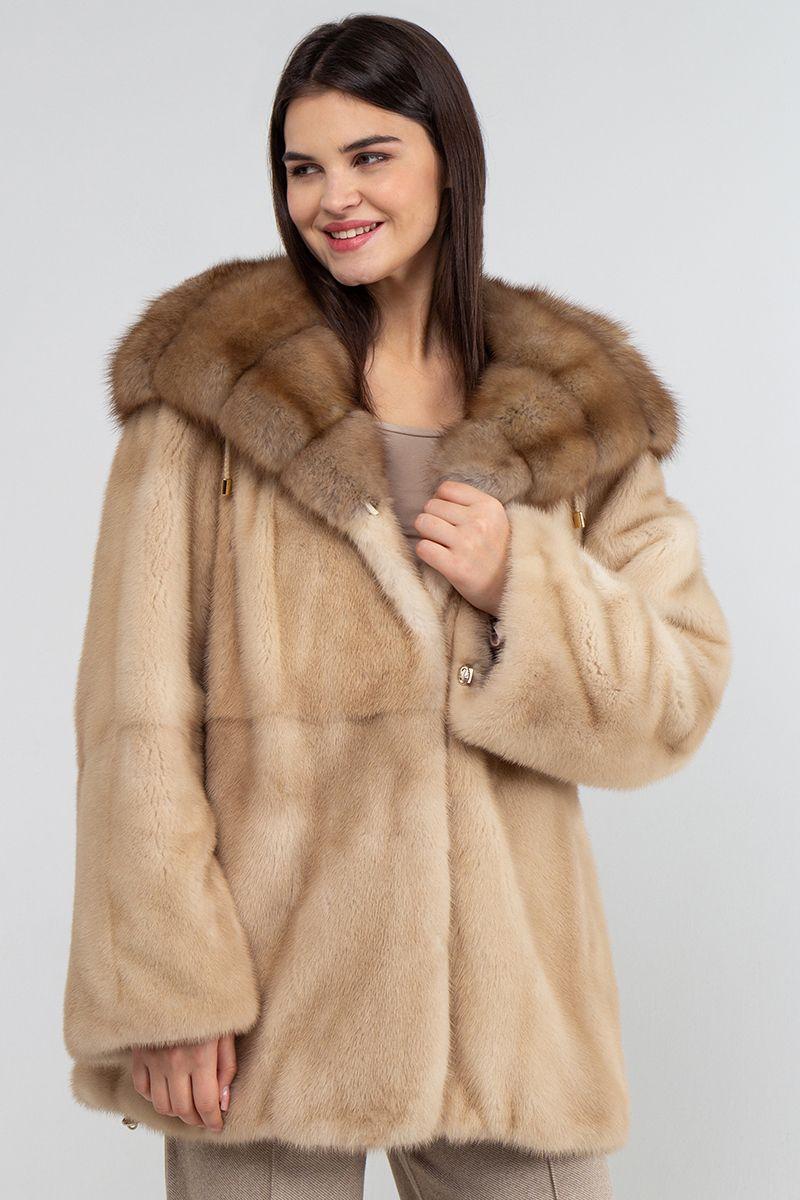 Норковая шуба с капюшоном из куницы фото